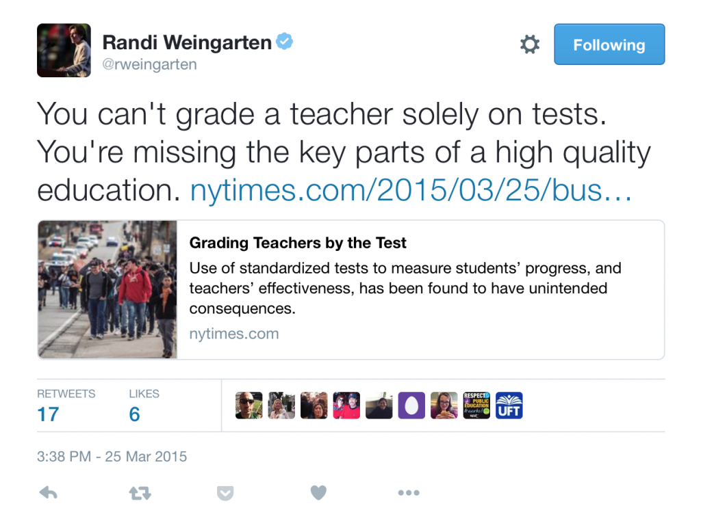 Actually, this should say, "We don't grade teachers solely on tests."