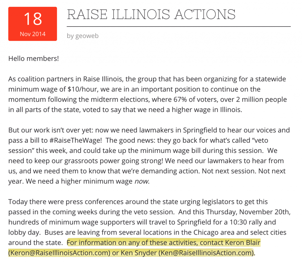 In 2014, Blair and Snyder worked for another faux group, Raise Illinois Action.